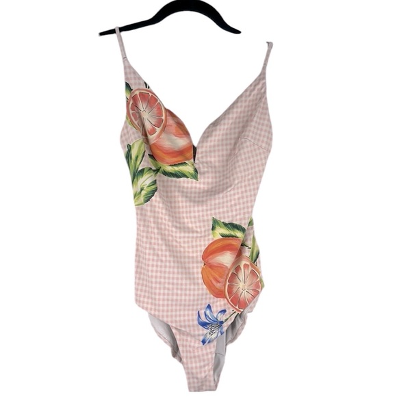 Onia Pink White Gingham Checks Floral Fruit Summer One Piece Swimsuit Size Small - Picture 1 of 10